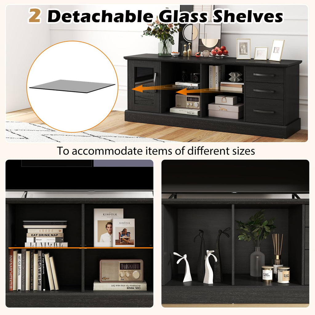 Farmhouse TV Stand for 73 Inch TV, Wood TV Console Table w/Removable Glass Shelves, Cable Management Holes & Drawers