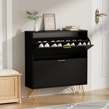 Shoe Cabinet Slim, Black Shoe Storage Cabinet with 2 Flip Drawers, Narrow Shoe Rack Cabinet, Freestanding Shoe