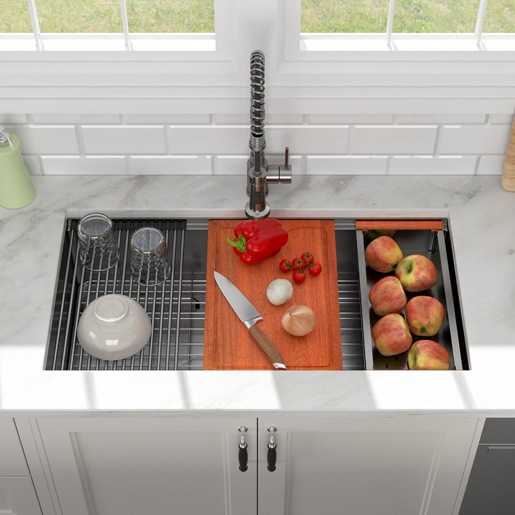36x19 In Black Undermount Kitchen Sink Workstation Nano Coating 304 Stainless Steel 16 Gauge Handmade Under Counter