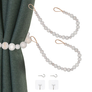 Wood Bead Curtain Tieback, Boho Curtain Holdback,Whitewashed - 2 Pack