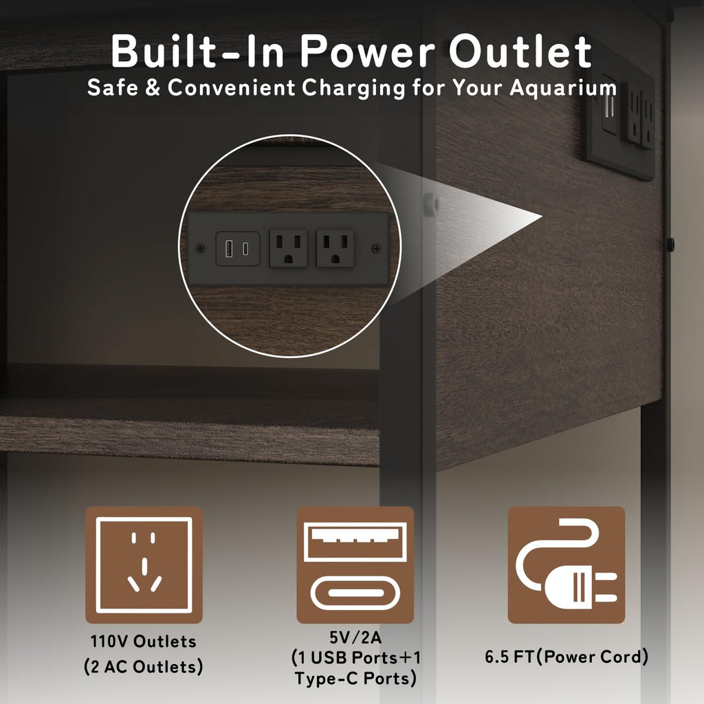 40-50 Gal Aquarium Stand with Cabinet Storage, Power Outlet, Brown