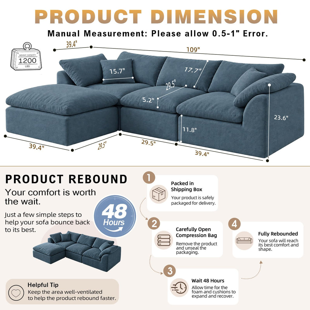 109" Boneless Cloud Couch Sectional, Oversized Modular L Shaped Sofa with Ottoman, Deep Seat Chenille Sectional