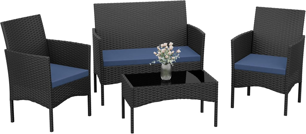 Kurapika Patio Furniture Set 4 Pieces Outdoor Wicker Rattan Chairs Conversation Sets w/Coffee Table
