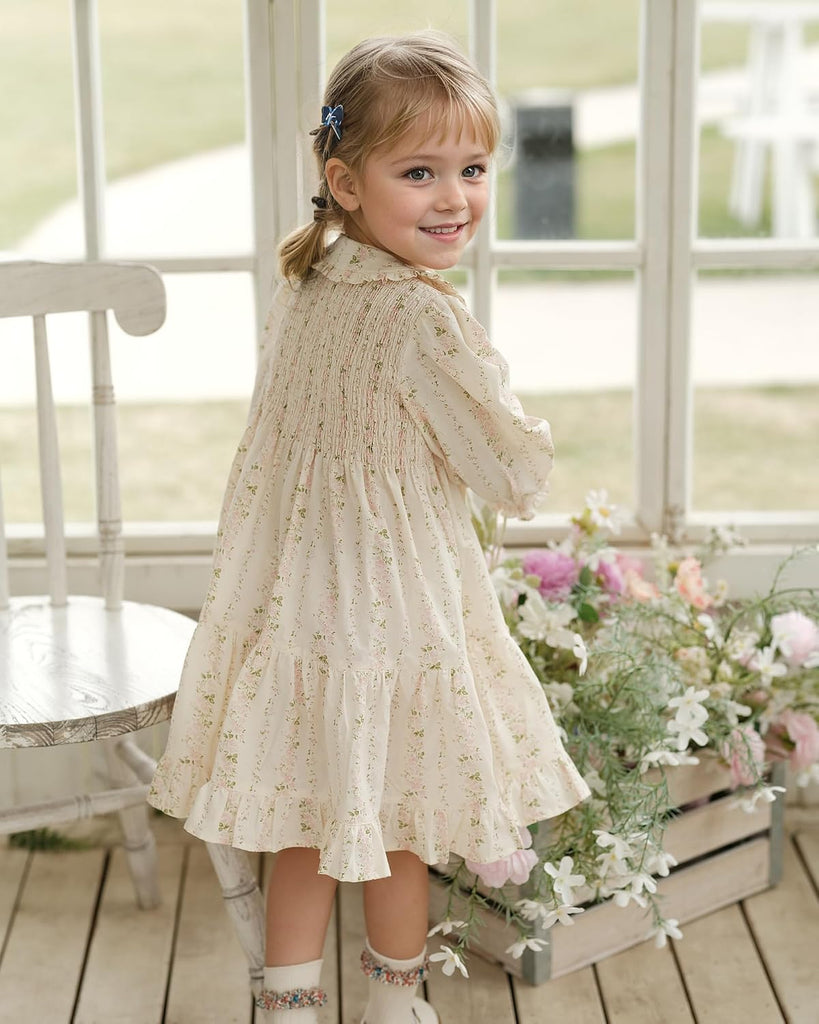 Toddler Girls Dress Smocked Dresses|Floral Print Long Sleeve Dress with Peter Pan Collar | Casual Ruffle Dresses