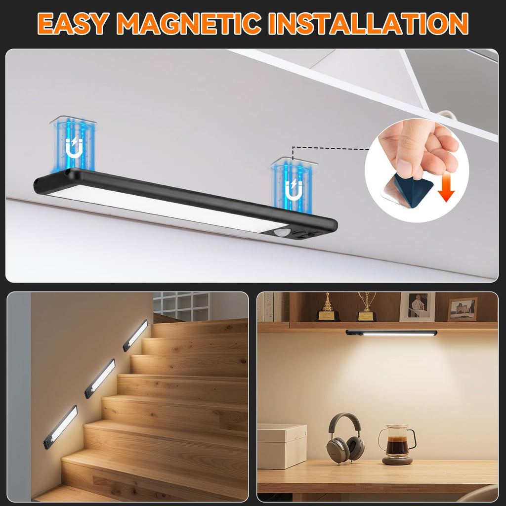 Under Cabinet Lighting Wireless, 10inch Motion Sensor Light, 3Pack-Black