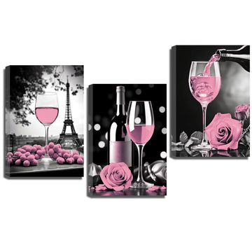 Kitchen Canvas Wall 3 PCS Romantic Pink Wine Grape Rose Flowers Eiffel Tower Pictures Prints for Restaurant Bar Decor