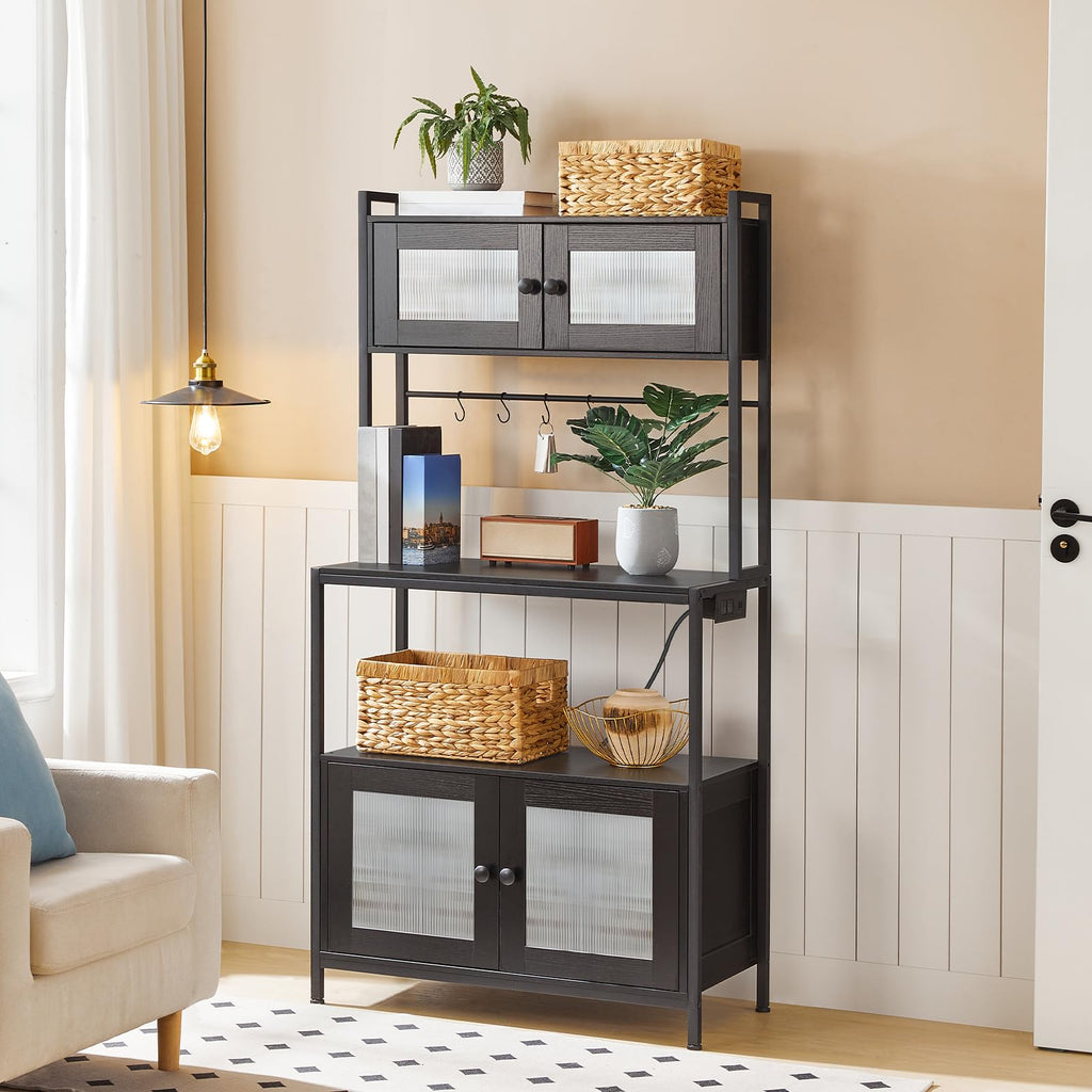 Bakers Rack with Storage Cabinet, 5-Tier Coffee Bar with Power Outlet and LED Lights, Industrial Microwave Oven Stand