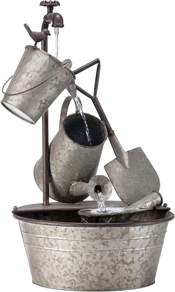 Outdoor Floor 3-Tiered Metal Garden Tools Water Fountain, Tools and Faucet Waterfall, 28", Gray