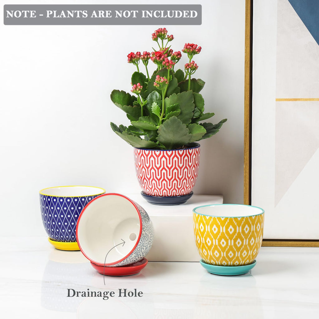 Ceramic Plant Pots, 4.6 Inch Flower Pots for Indoor Plants, Succulent Pots with Drainage Hole & Saucer, Succulent