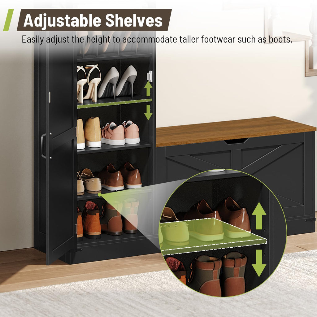 Shoe Cabinet with Bench, L-Shaped Shoe Bench, Storage Bench, Farmhouse Shoe Storage Cabinet with Adjustable Shelves