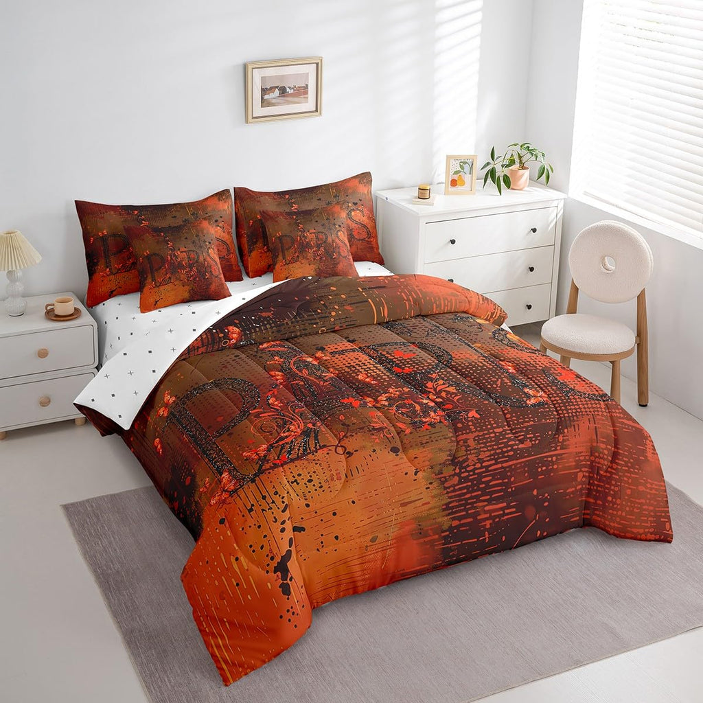 French Paris Twin Comforter Set 7-Piece Romantic Eiffel Tower Bed in a Bag, Red Gradient Bedding Comforter Sets Retro