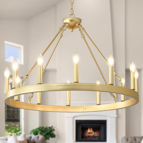 Gold Wagon Wheel Chandelier Farmhouse 32-Inch, 12-Light Modern Gold Chandelier for Dining Room, Round Iron Industrial Chandeliers Light Fixture for Living Room, Foyer, Entryway, E12 A105-B0DM1YQ7PG