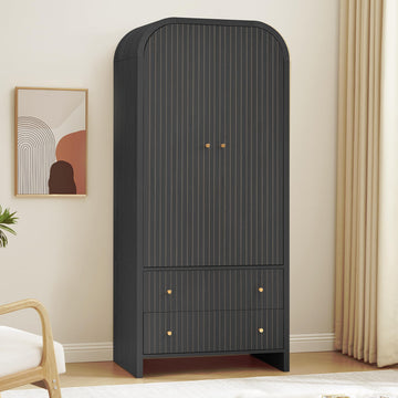 Arched Armoire Wardrobe Closet, Mid-Century Modern 2-Door Freestanding Wardrobe with Hanging Rod and 2 Drawers