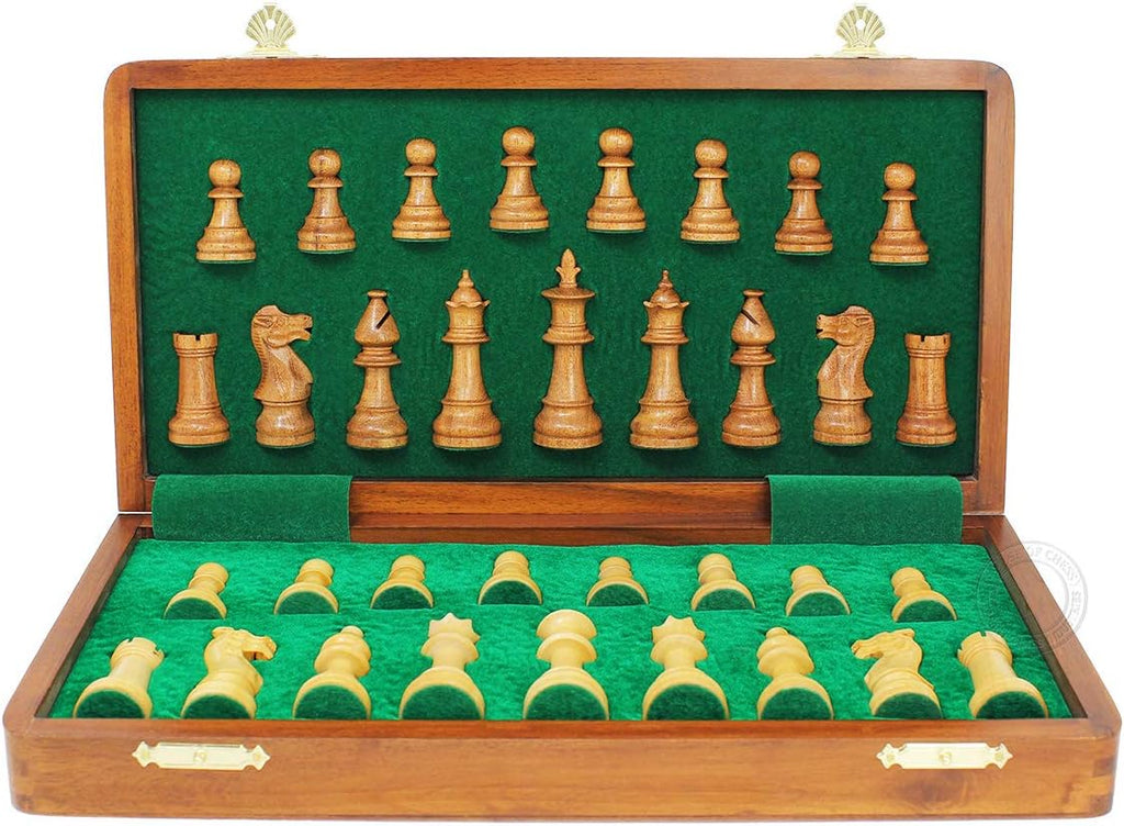 Victorian Staunton Golden Acacia Wood Chess Set - 14 x 14 Inches Wooden Folding Chess Board with Algebraic Notation