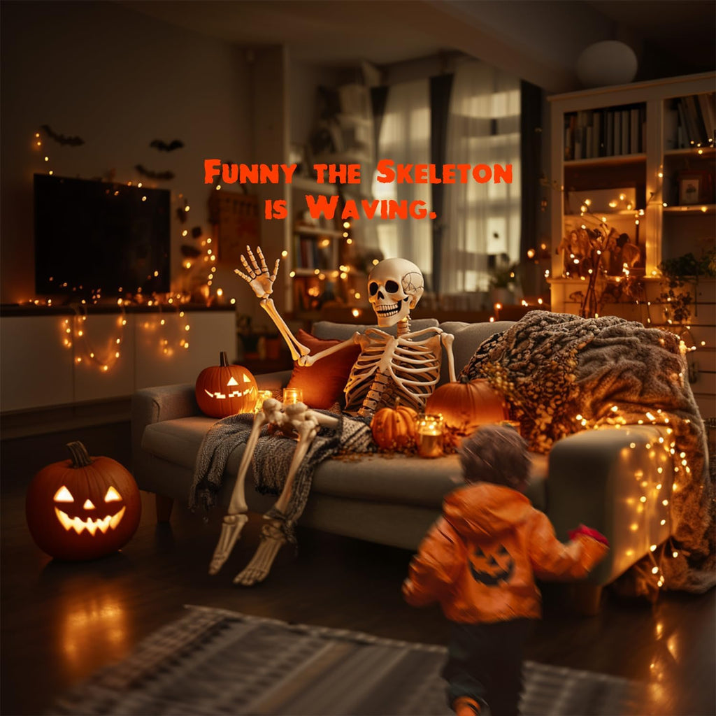 5.4Ft/170cm Posable Halloween Skeleton, Full Body Life Size Skeleton with Movable Joints Outdoor Halloween