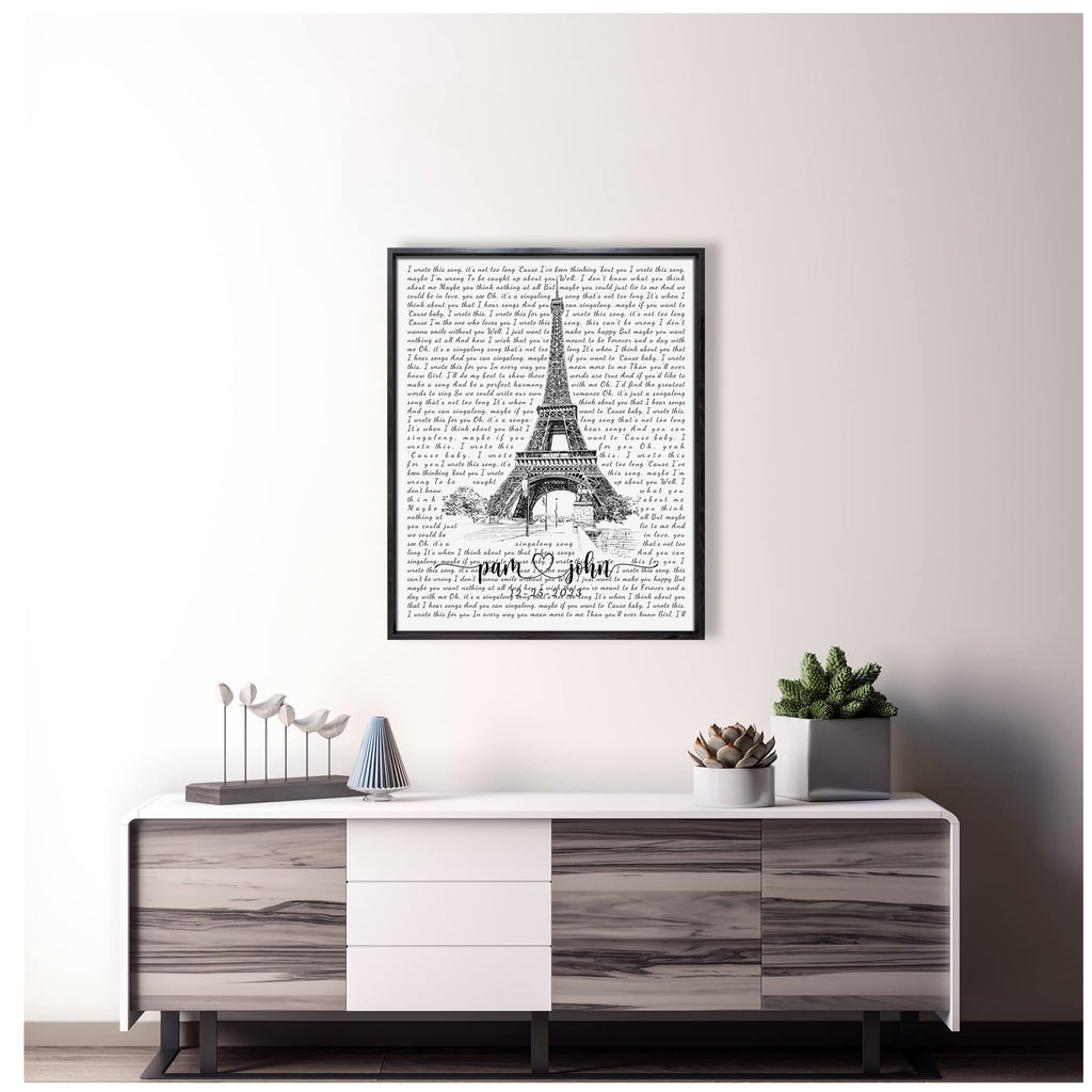 Custom Song Lyrics Paris Eiffel Tower Wall Photo or Canvas Prints with Couple's Names and Special Date on it, Perfect