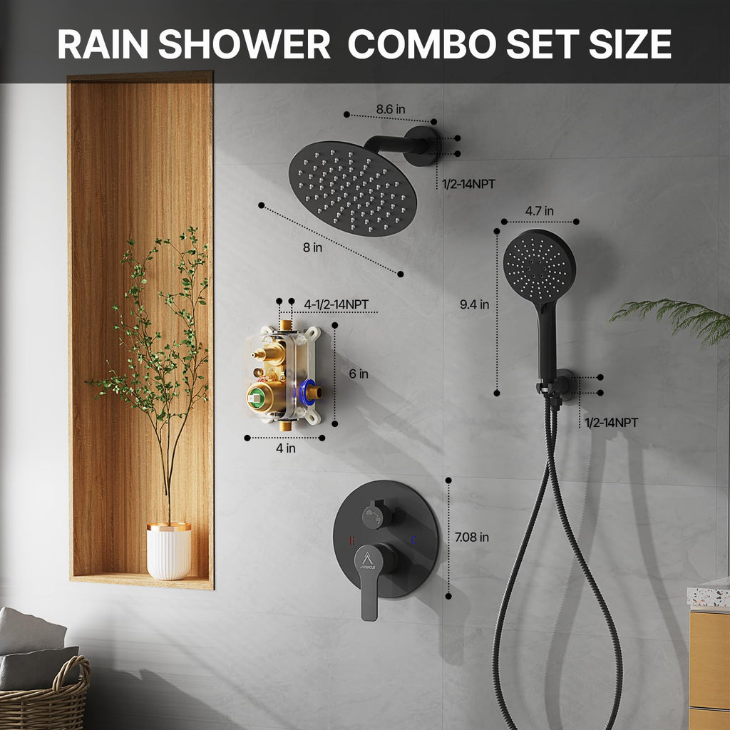 Shower Faucet Set 8IN Brass Rough-In Valve Body Trim Kit Rainfall Included Handle Accessories Complete 2 Functions