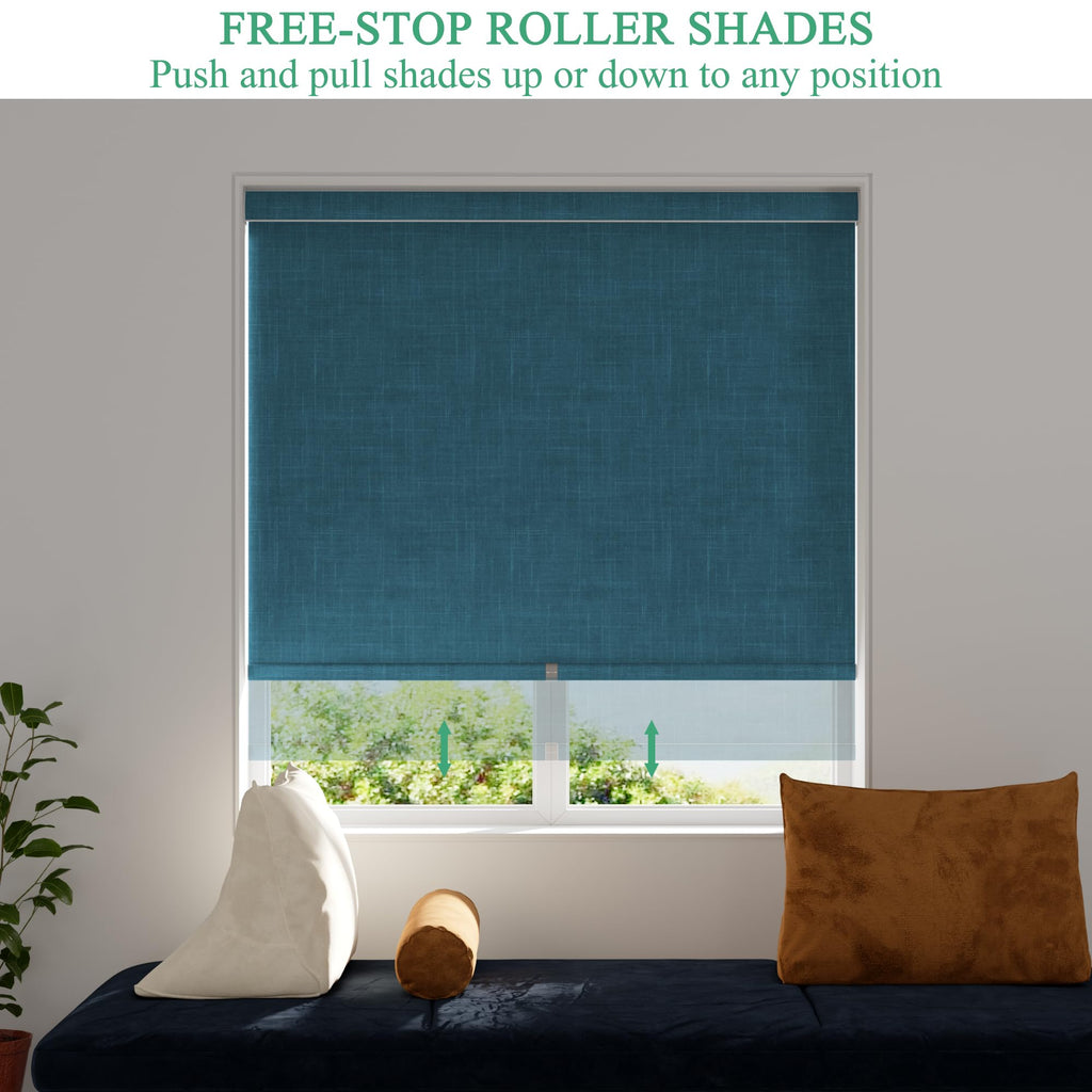 Cordless Roller Shades for Windows, Blackout Linen Roller Blinds with Thermal Insulated, Pull Down Jacquard Shades