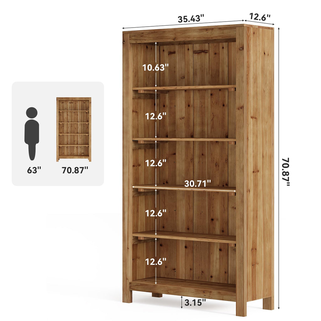 5-Tier Real Wood Bookcase Solid Wood Bookshelf Display Storage Shelf