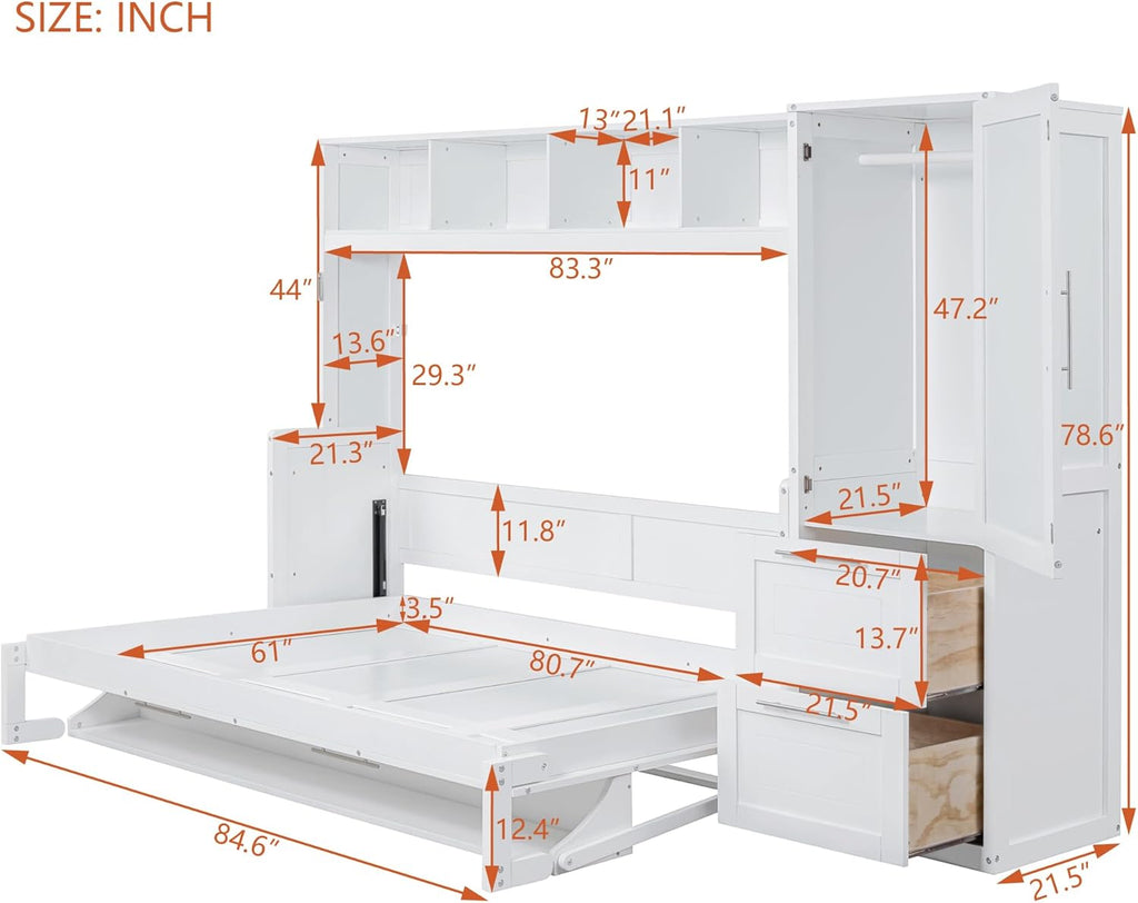 Queen Horizontal Murphy Bed with Desk, Wardrobe, Storage Drawers & Shelves, White