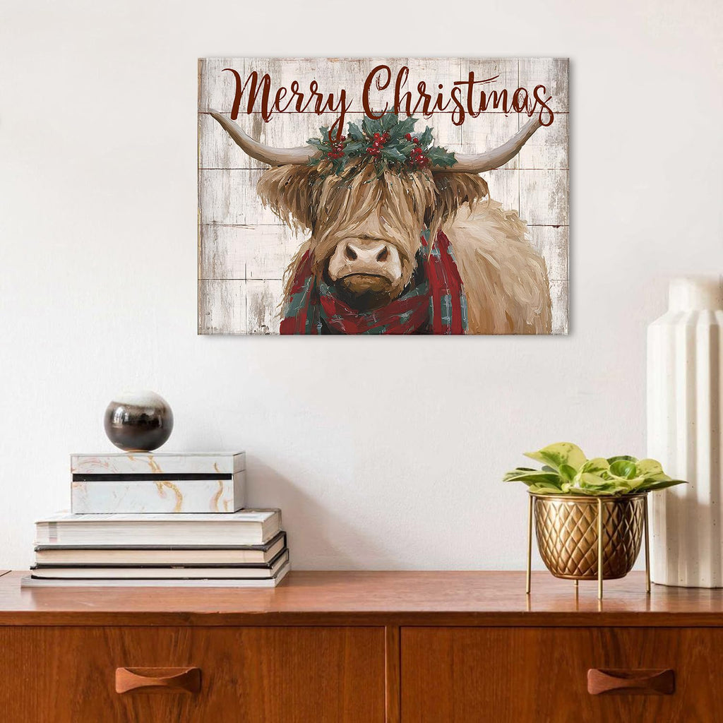 Christmas Highland Cow Wall Art Merry Christmas Sign Poster Rustic Farmhouse Cow Pictures Wall Decor Rustic Wood