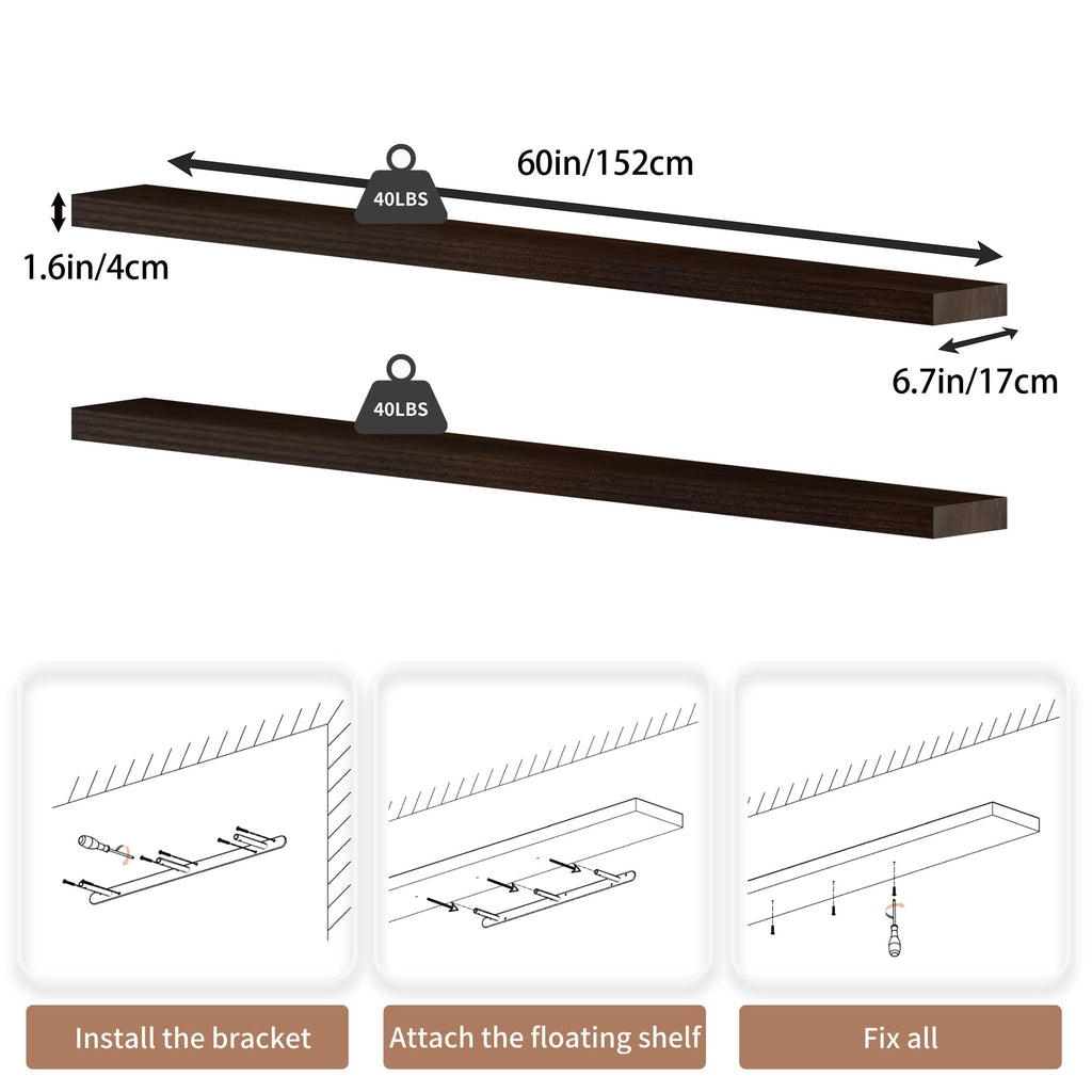 60 inch Long Floating Shelves for Wall, Solid Wood Long Shelves Set of 2, Walnut Rustic Mounted Shelves Bedroom Laundry