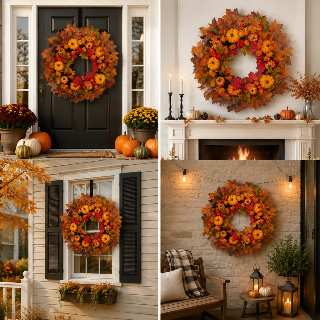 Thanksgiving Fall Wreath for Front Door 24 Inch Pumpkins Autumn Wreaths