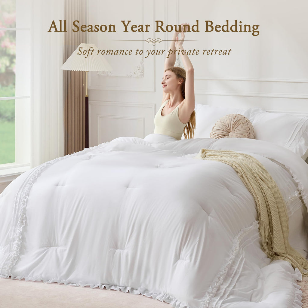 White Ruffle Comforter Set, 3 Pieces Lightweight Fluffy All Season Bedding, Farmhouse Boho Bed Sets with