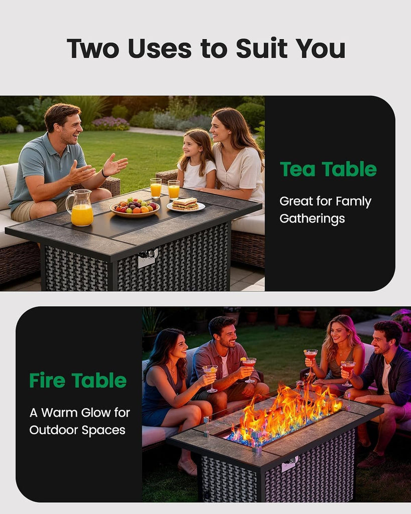 43′′ Fire Pit Table, Outdoor Propane Fire Pit Table with Premium Ceramic Tabletop, Glass Wind Guard, Lid, Glass Rock