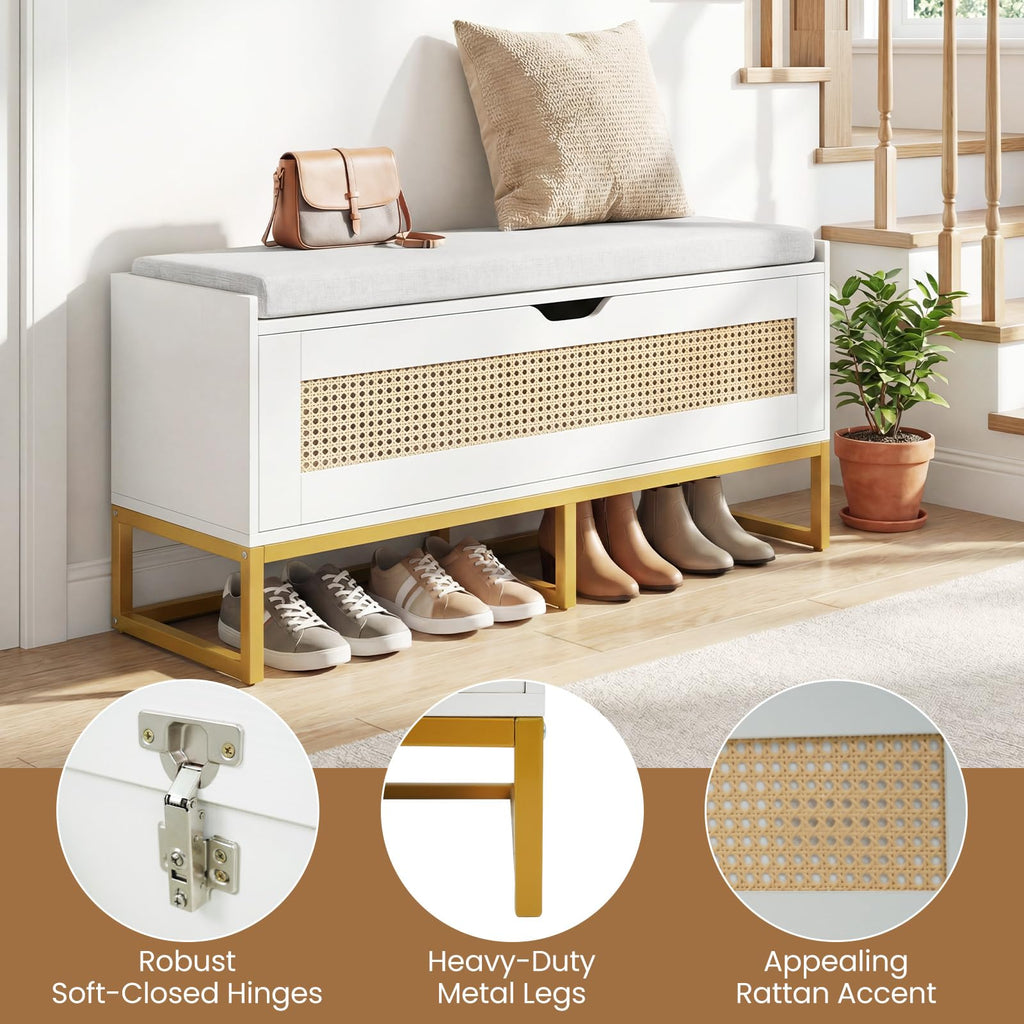Rattan Shoe Bench, Flip-Top Entryway Bench with Removable Padded Seat & Hidden Storage, Wooden Shoe Storage Chest