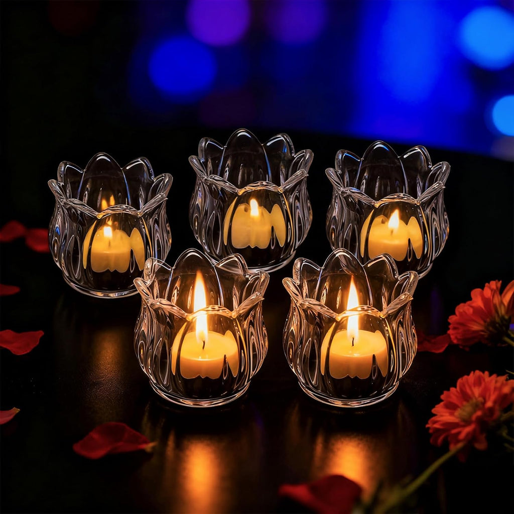 Set of 12 Tulip Glass Votive Candle Holders, Decorative Tea Light Candle Holders, Clear Glass Flower Tealight Candle