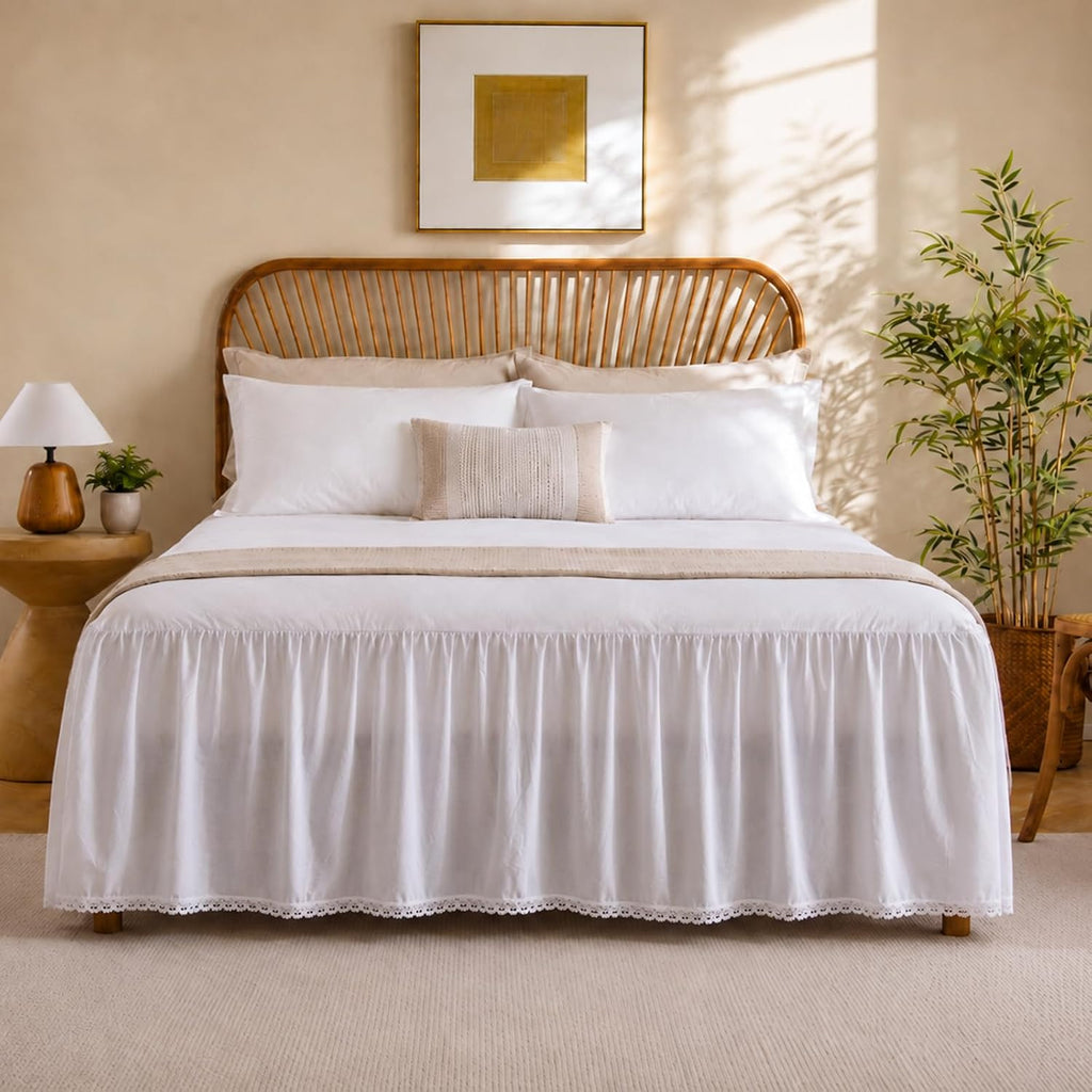 Twin Bed Skirt 18 Inch Drop White - Ruffled Dust Ruffle with Lace Trim, 100% Cotton Soft Breathable Bed Skirt for