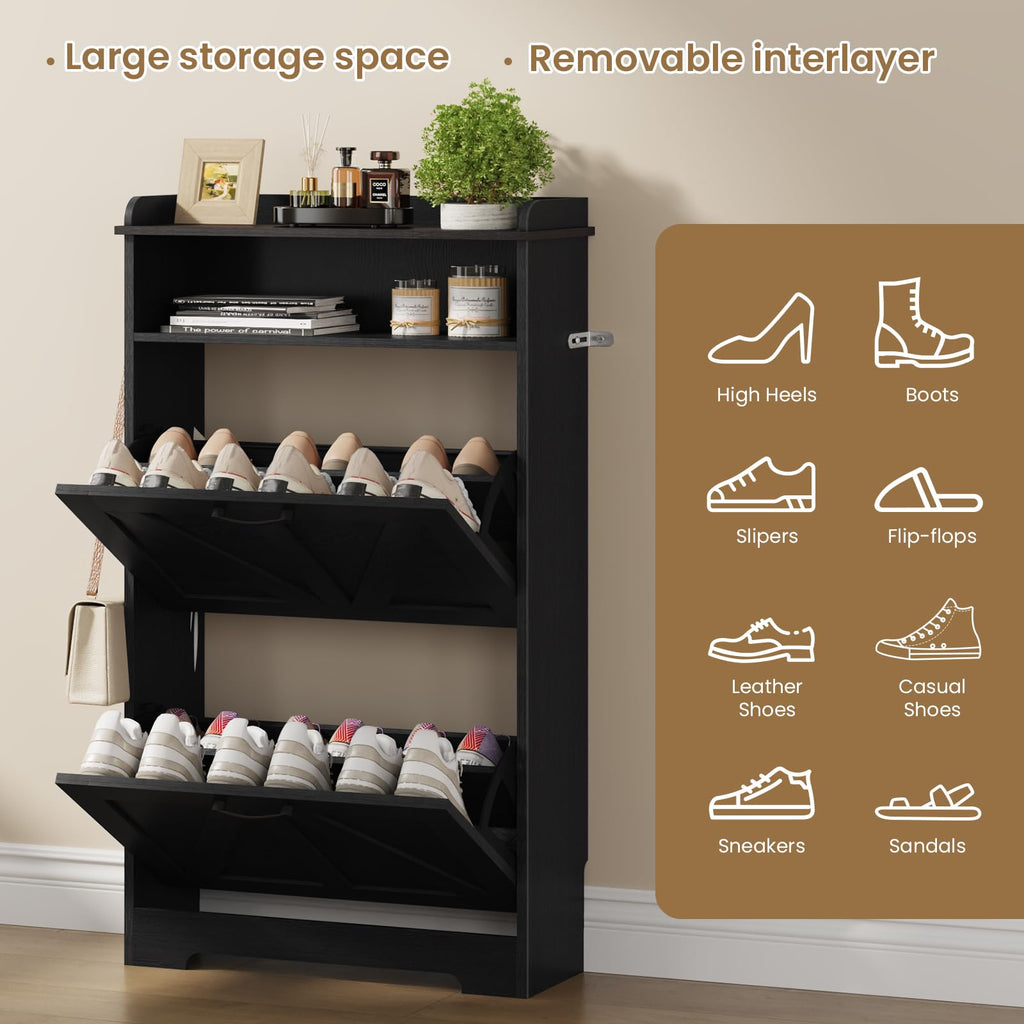 Farmhouse Narrow Shoe Cabinet with 2 Flip Drawers, 23.6" W Black