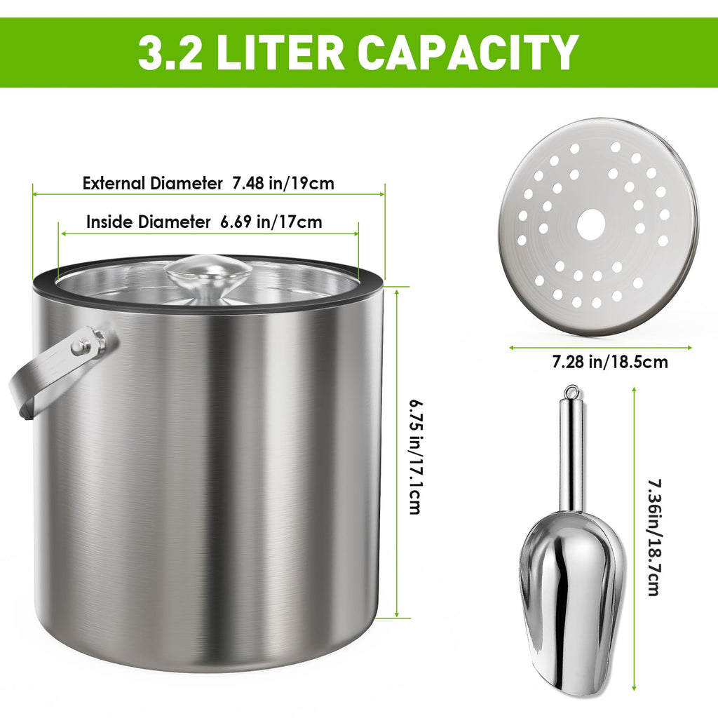 3.2L/3.4Qt Modern Insulated Ice Bucket with Lid, Scoop
