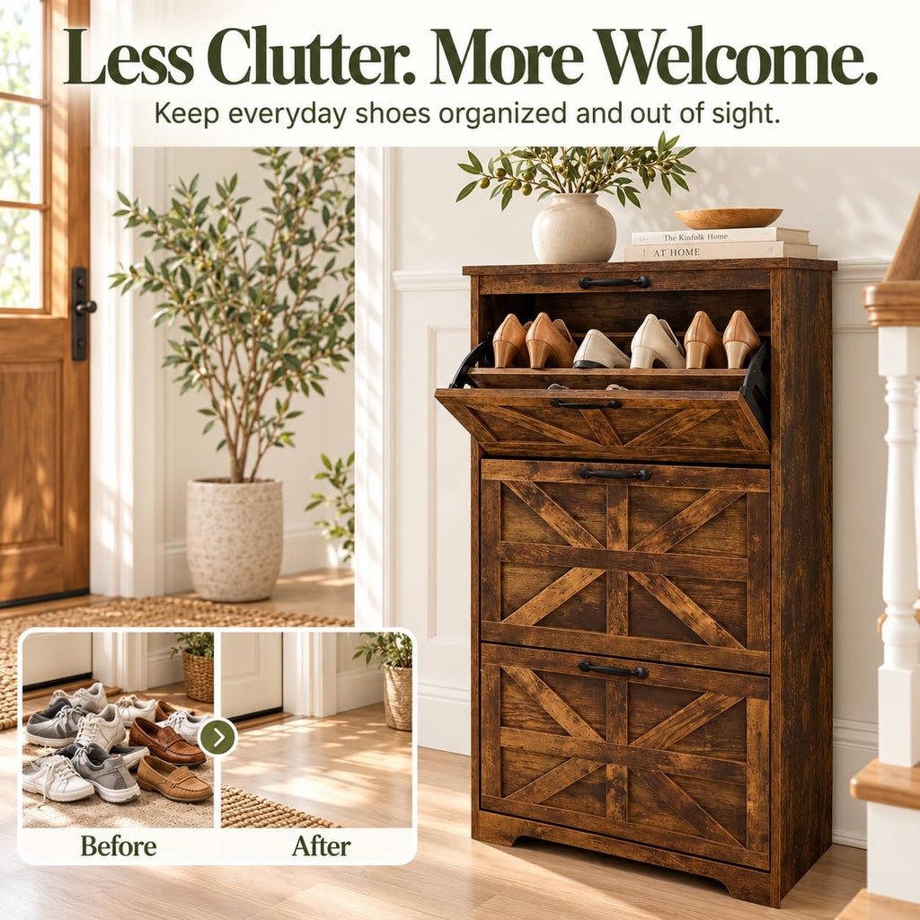 Shoe Cabinet with 3 Flip Drawers, Farmhouse Shoe Storage, Wooden Shoe Organizer Cabinet with Adjustable Shelves