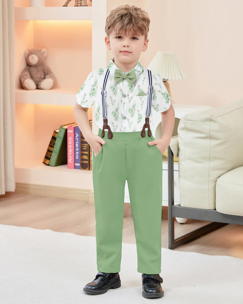 Baby Boy Dress Clothes Set Printed Shirt Aqua Green Suspender Pants Outfits Toddler Boy 12-18