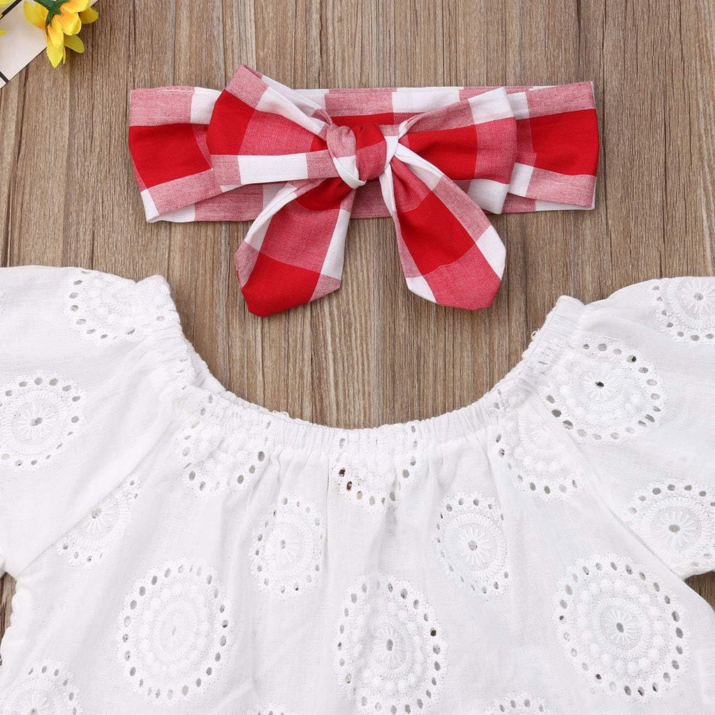 Baby Girl Cold Shoulder Lace Crops Top + Plaid Skirts Bloomers + Headband