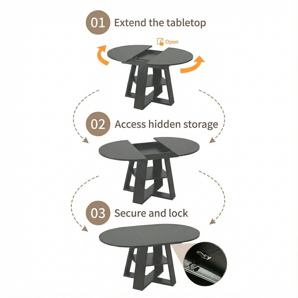 Black Extendable Round Dining Table for 4-6, 43.3"-59" Round to Oval Kitchen Table with Storage Shelf, Modern