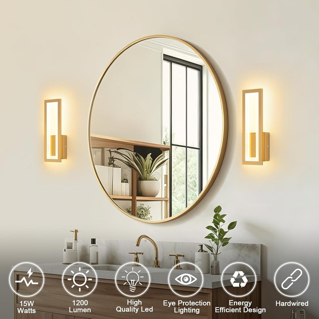 Modern LED Wall Sconces Set of 2, 3000K Warm White Led Wall Lighting Fixtures, Gold Minimalist Indoor Wall Lamp for