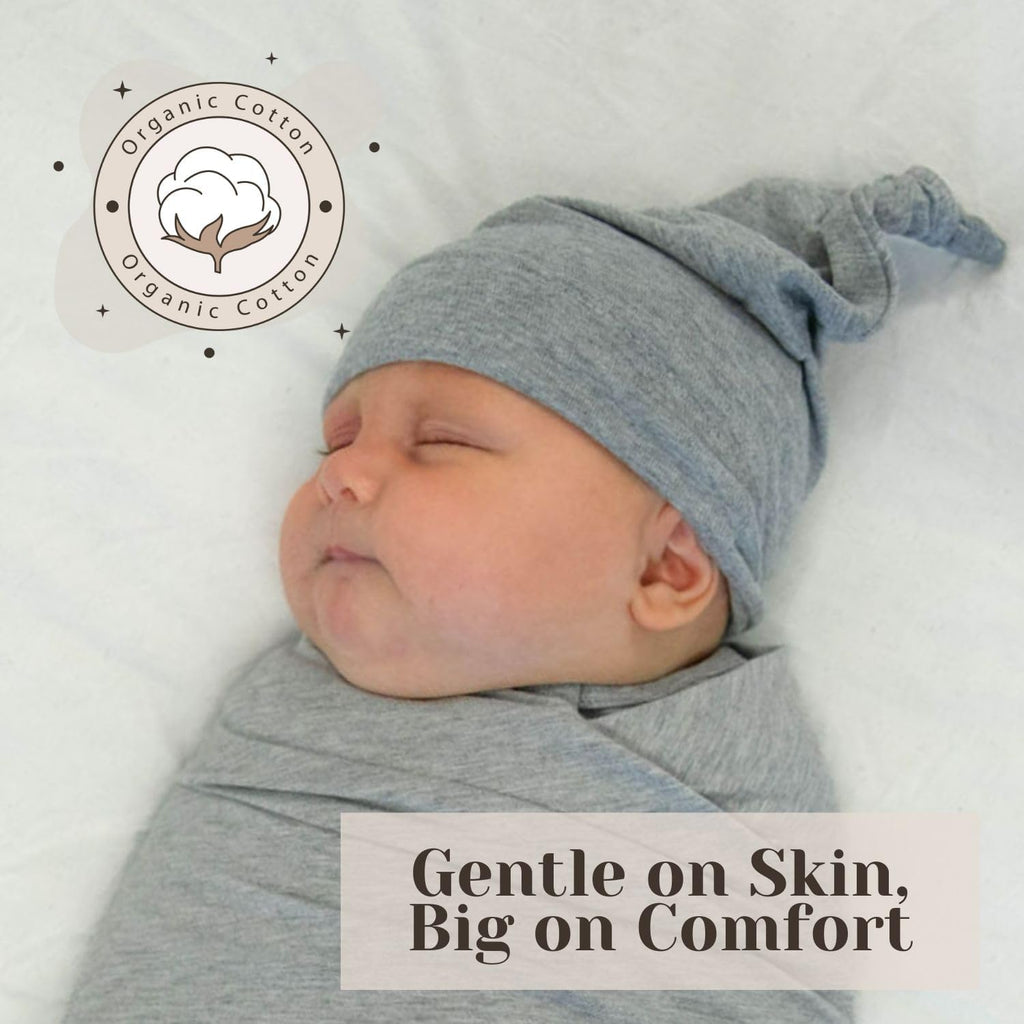 Organic Cotton Set-of-4 Baby Hats, Knotted Buttery-Soft Baby Hats Jet, Heather, Cocoa, Sand in Size 0-3 Months