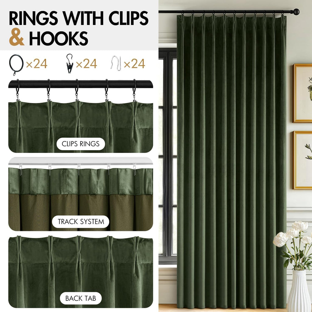 Velvet Pinch Pleated Extra Wide Olive Green Blackout Curtains 70x84