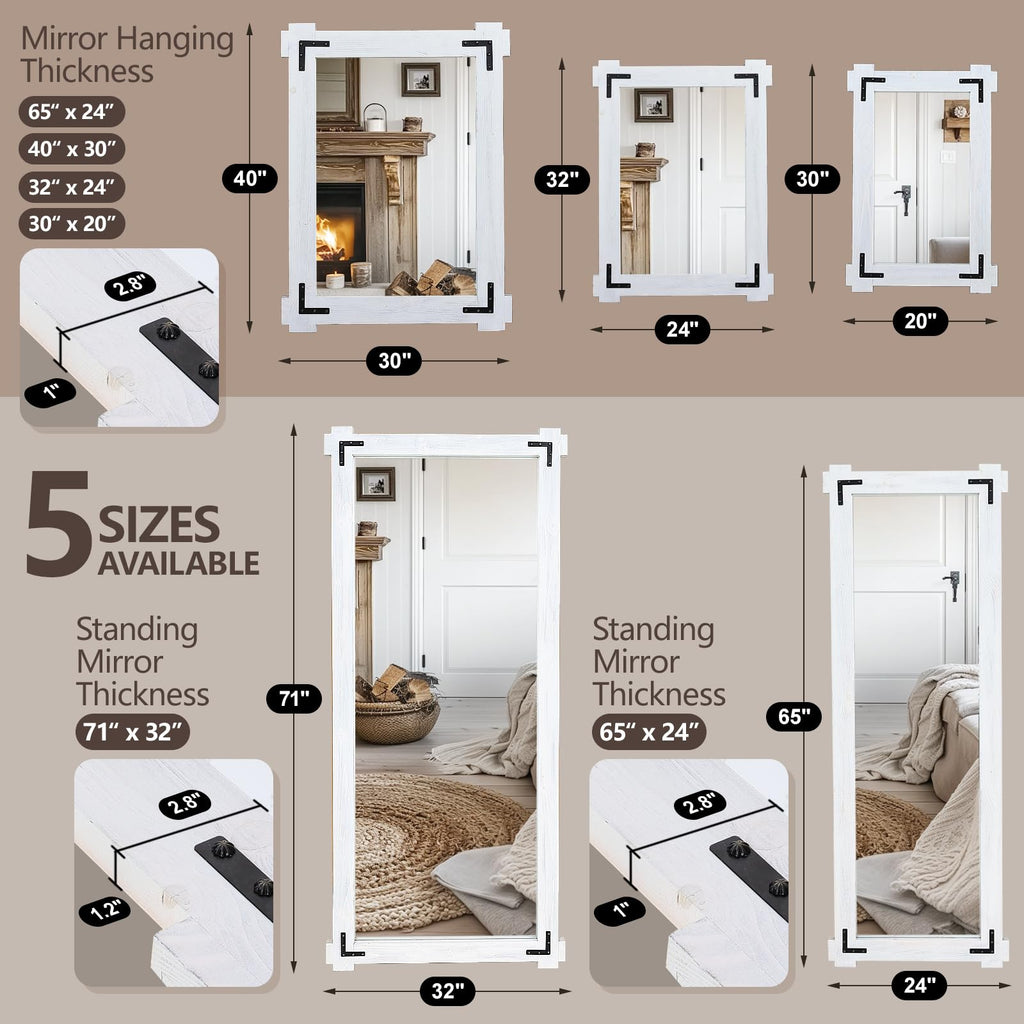 65x24 Inch Full Length Mirror, Pine Wood Frame Mirror, White