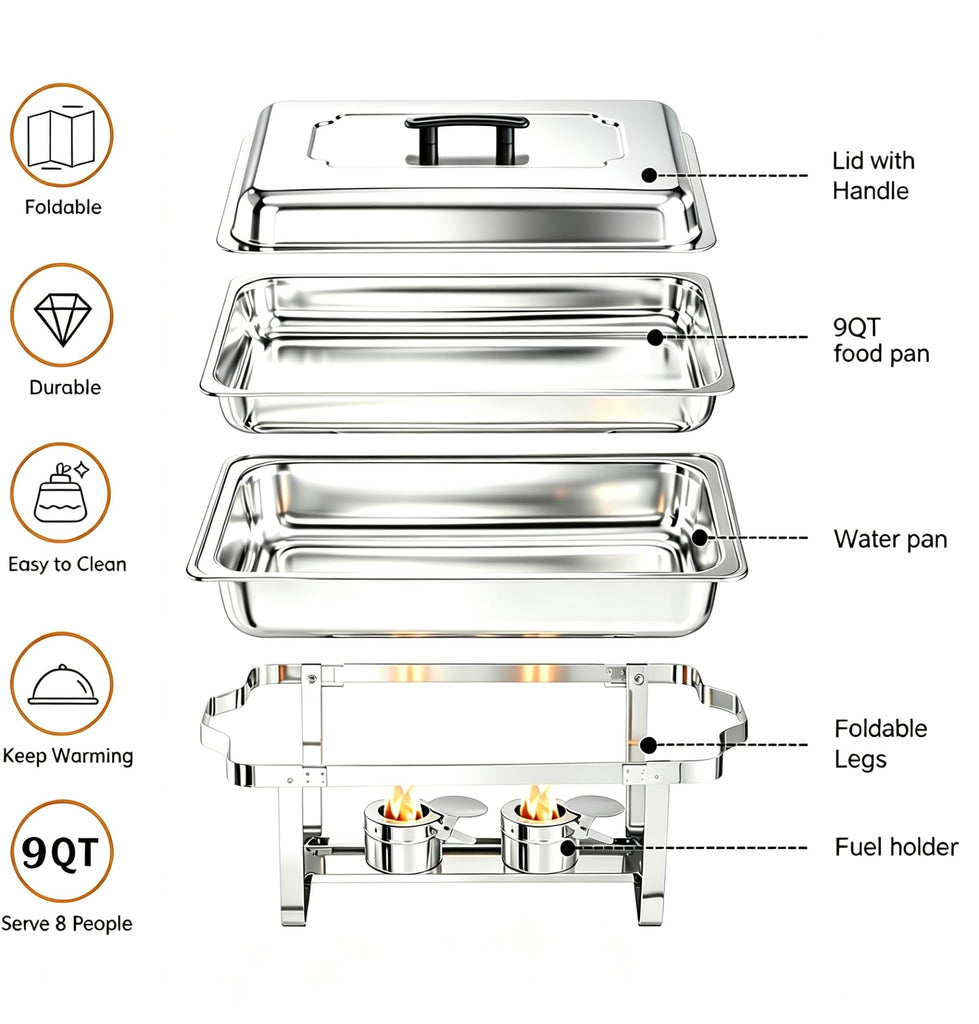 Chafing Dishes for Buffet, 4 Pack 9 Quart Stainless Steel Chafer Set