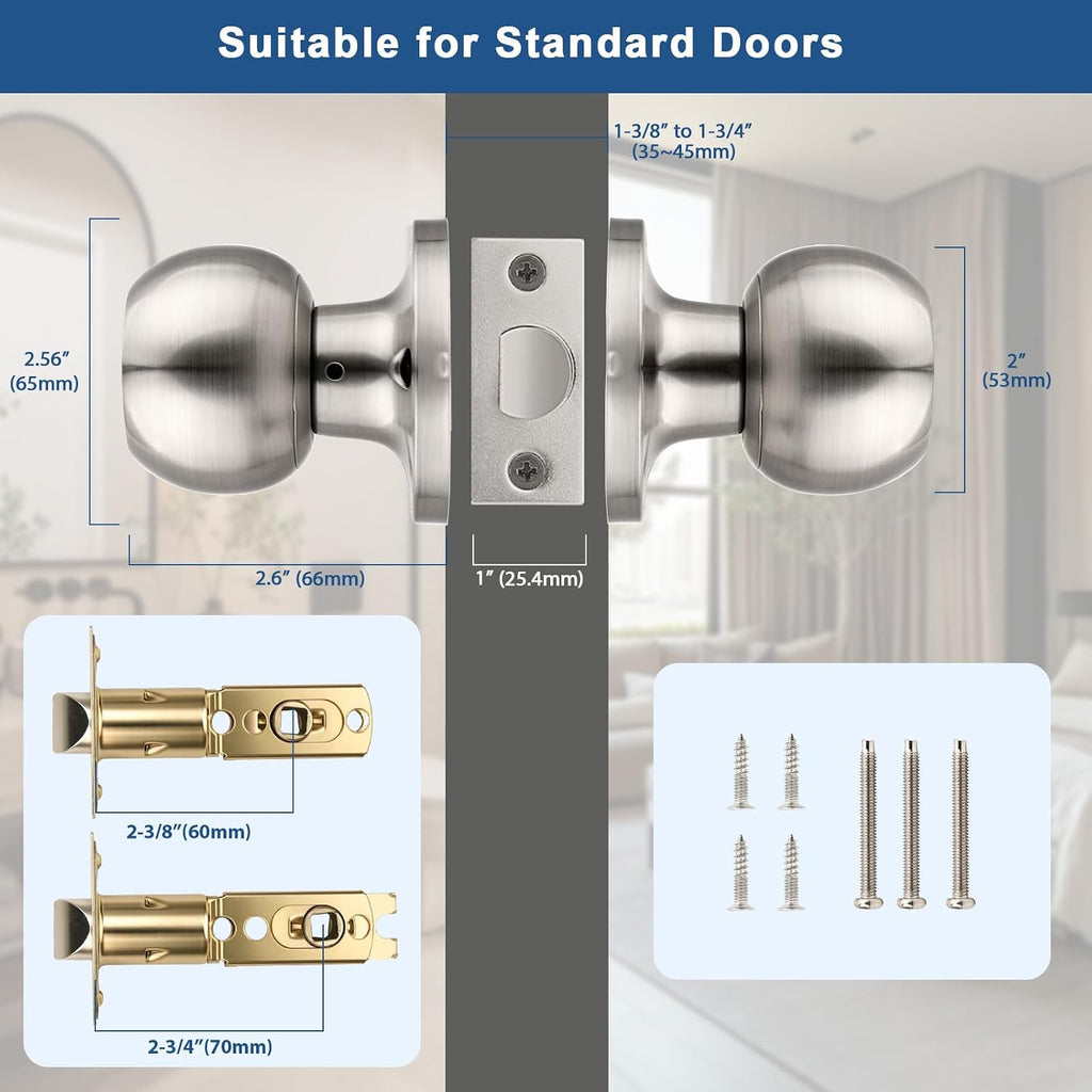 2 Pack Privacy Door Knobs Satin Nickel, Keyless Door Knobs Interior , Round Door Handles Stainless Steel, Classic