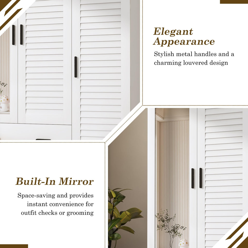 3 Door Armoire Wardrobe Closet Cabinet with Drawers and LED Lights, Multi-Tier Shelves, Hanging Rod & 3 Louver Doors