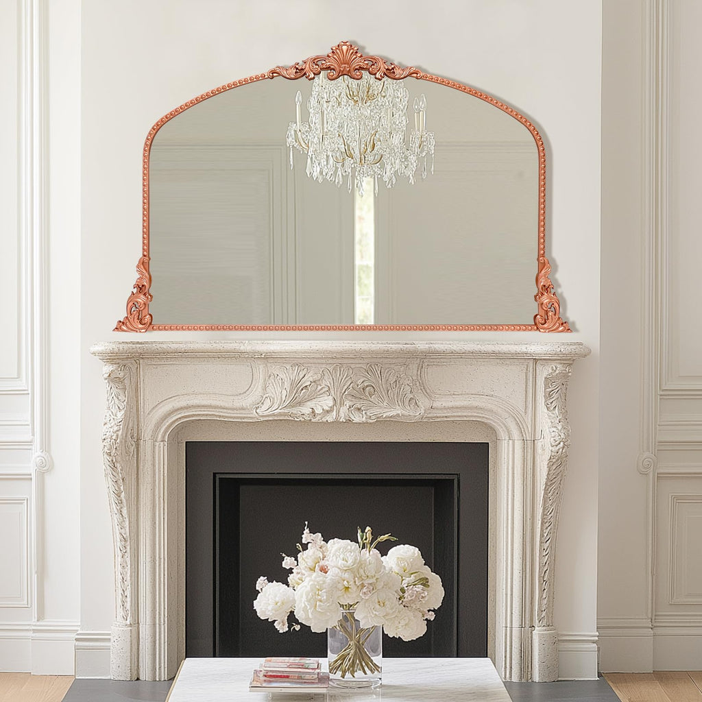 Bronze Arched Mirror, 40'x30'' Antique Baroque Wall Mirror Decor, Traditional Ornate Mirror with Full Metal Frame for