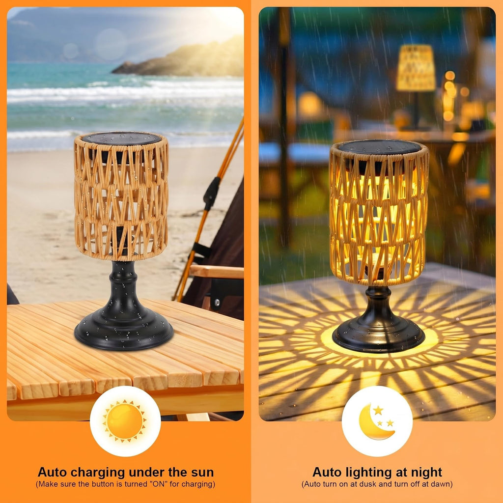 Outdoor Solar Table Lamp, Waterproof Rattan Solar Lantern