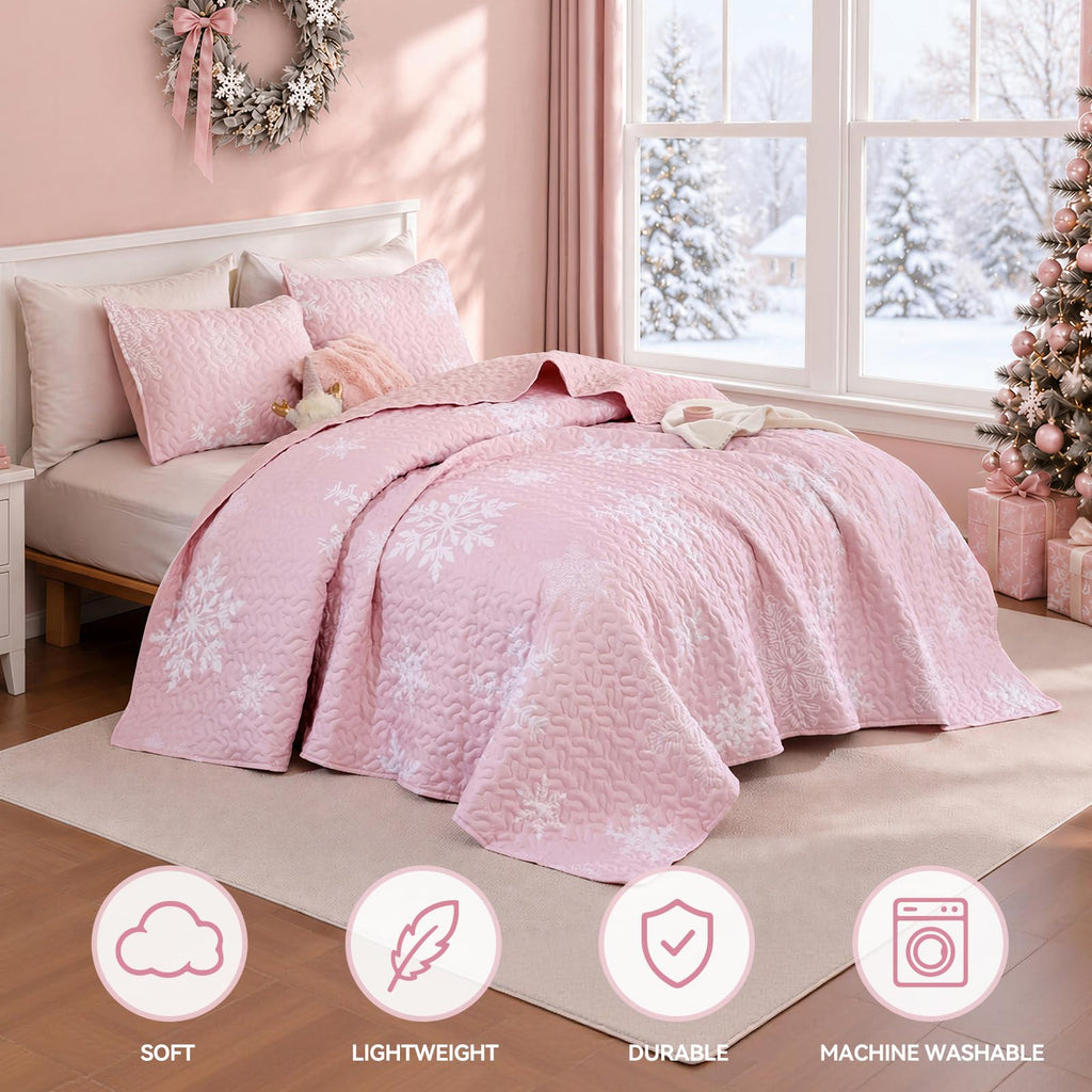 Christmas Quilt Set King Size, Pink Snowflake Christmas Bedding