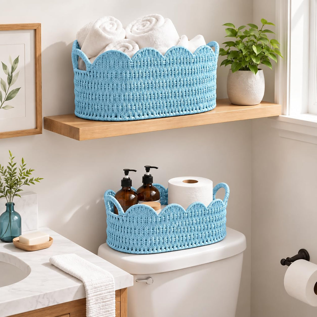 Set of 2 Paper Rope Scalloped Baskets, Small Wicker Baskets for Gifts, Blue