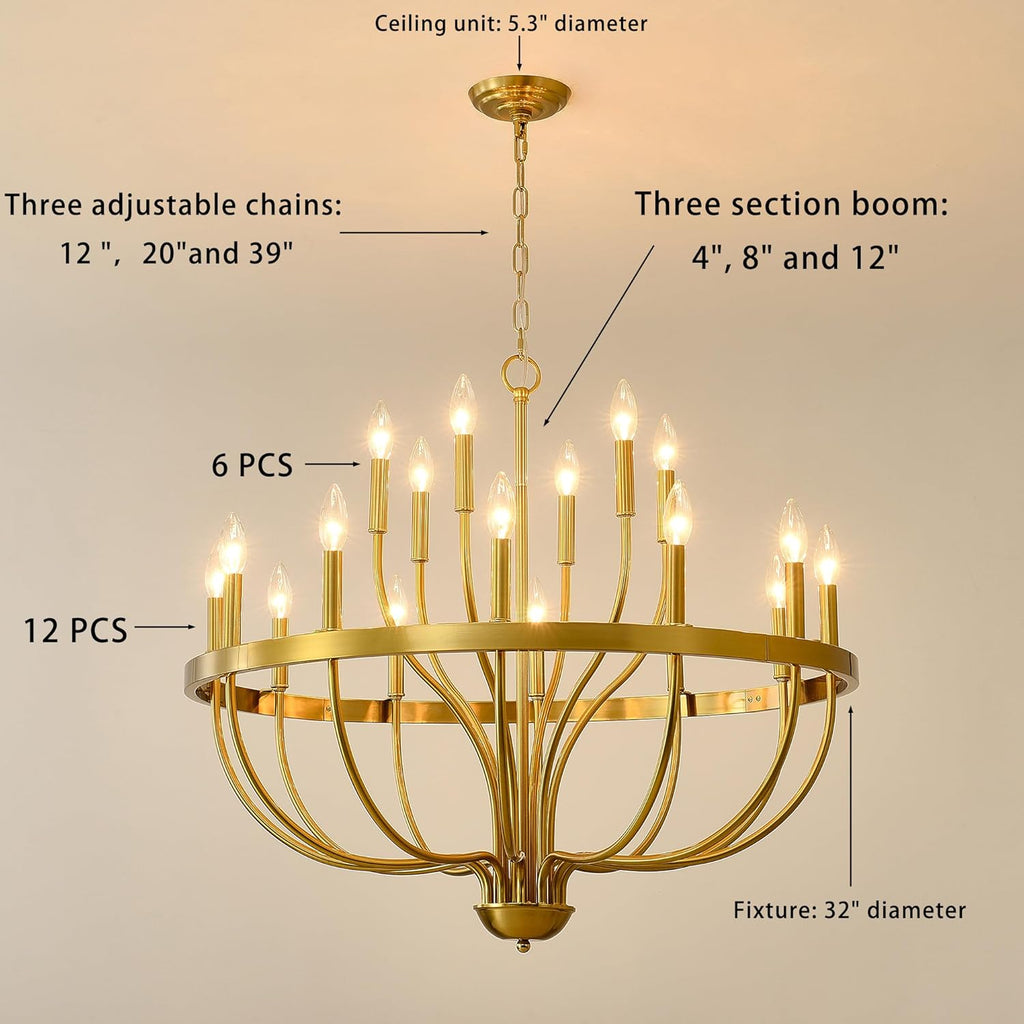 Gold Chandelier 18-Light Candle Chandelier Modern Farmhouse Pendant Lighting Fixture for Dining Room Bedroom Living Room Kitchen Island Foyer Entryway E12 Bulb Vintage Golden Ceiling Light A109-B0F994PCGR